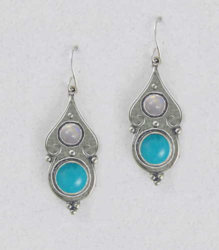 Sterling Silver Gothic Look With Turquoise And Rainbow Moonstone Gemstone Drop Dangle Earrings